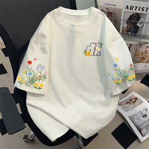 高街青少年花卉字母印花重磅短袖T恤男女夏季宽松百搭上衣 TA1314图片