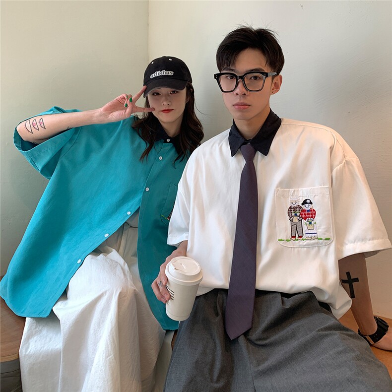 冰丝衬衫夏季学院风男女港风ins潮流学生情侣装短袖,男装衬衫,电商C306-1