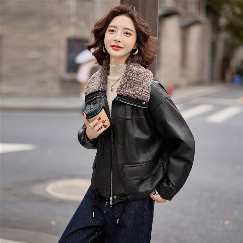 【冬季女装新款】大量现货时尚毛领加绒保暖皮衣外套P-135,女装皮衣,简古