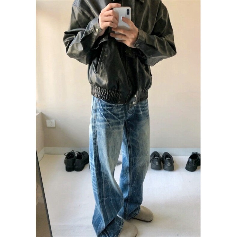 闪电纹蓝色直筒牛仔裤男春秋季cleanfit美式高街vibe裤子微喇长裤,男装牛仔裤,星座601-1