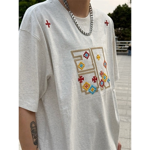 万针全刺绣工艺 高品质260克双纱纯棉美式高街短袖T恤 特P33图片