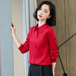 杏色衬衫女长袖春秋季2024年修身气质通勤百搭打底雪纺职业上衣图片
