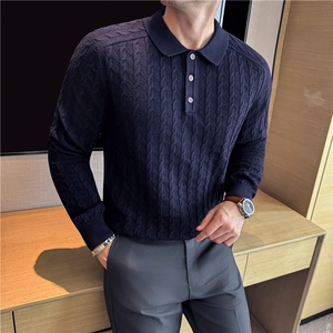 老钱风polo衫翻领麻花条针织衫男亲肤绵羊毛高品质毛衣M8526-P83图片