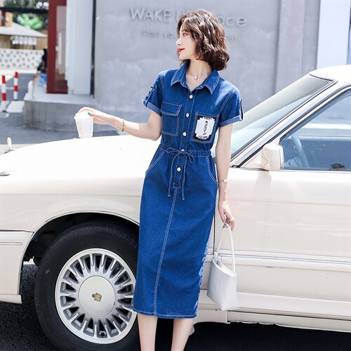 2022新款法式复古收腰显瘦气质长款a字衬衫裙子牛仔连衣裙女夏,女装连衣裙,瑶迪依秀