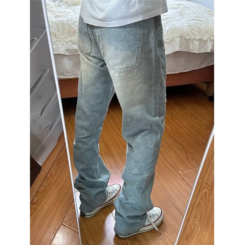 美式风潮流宽松牛仔裤高街破洞补丁阔腿休闲牛仔长裤猫须做旧男裤,男装牛仔裤,星座506A