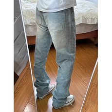美式风潮流宽松牛仔裤高街破洞补丁阔腿休闲牛仔长裤猫须做旧男裤，男装牛仔裤，星座506A
