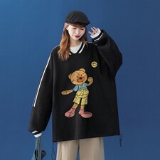 中性风2024秋季新款宽松螺纹织带卡通印花套头卫衣B08P55控68，男装卫衣，A247A