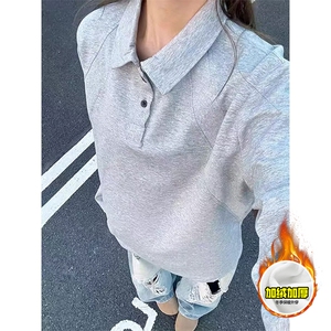 抖音得物高品质美式高街重磅曼巴棉结构螺纹拼接翻领卫衣长袖T恤图片
