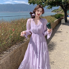 紫色绝美度假风连衣裙女2025夏季新款独特仙气飘飘薄纱收腰a字裙，女装连衣裙，2C108