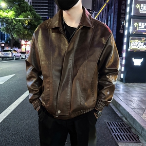 皮衣外套男翻领纯色宽松休闲皮夹克  P810-P148图片