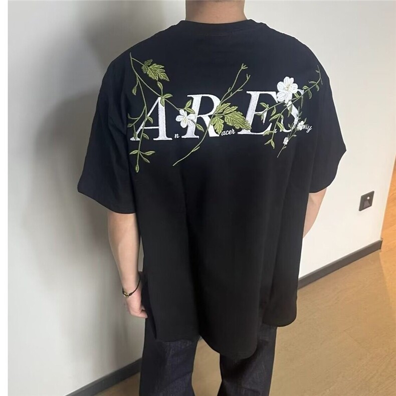 美式街头花卉刺绣圆领短袖t恤男款夏季复古宽松休闲半袖体恤 DX24图片