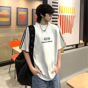 抖音得物高品质二开240克宽松纯棉美式潮牌三条杠织带短袖T恤,男装T恤,电商A486-1