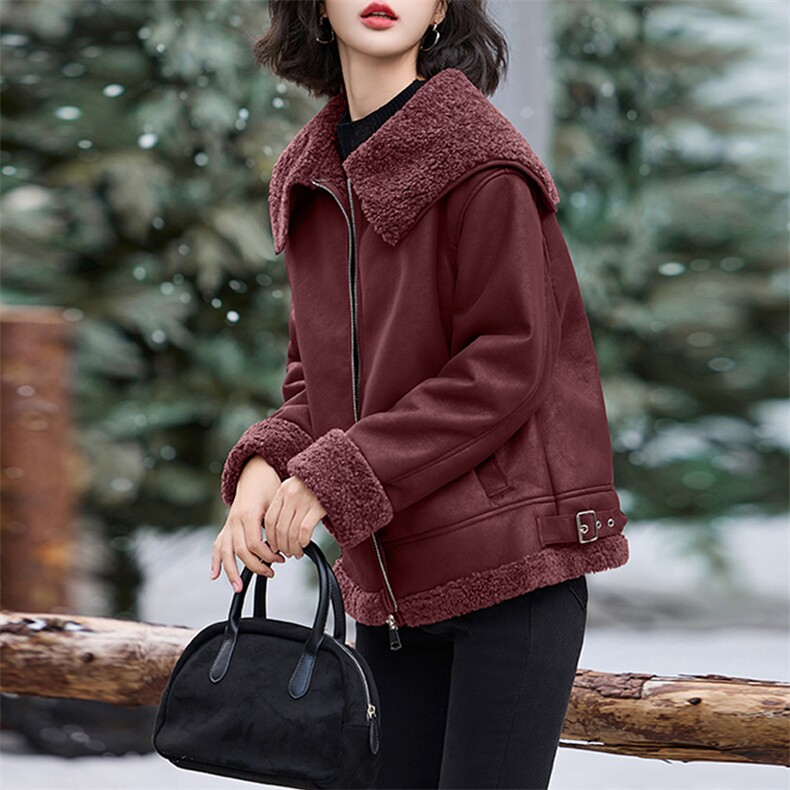 红加厚保暖皮毛一体外套女2024冬季新款时尚减龄羊羔毛棉服，女装羊羔毛/颗粒绒，江南女神