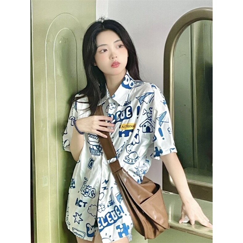 TC515-P45涂鸦短袖衬衫夏季新款甜美衬衣独特别致上衣，女装衬衫，星座617A-2