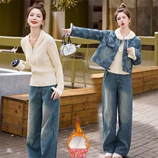 新中式羽绒牛仔时尚套装女2024冬季爆款小个子连帽休闲卫衣三件套，女装套装/套裙，欣品汇