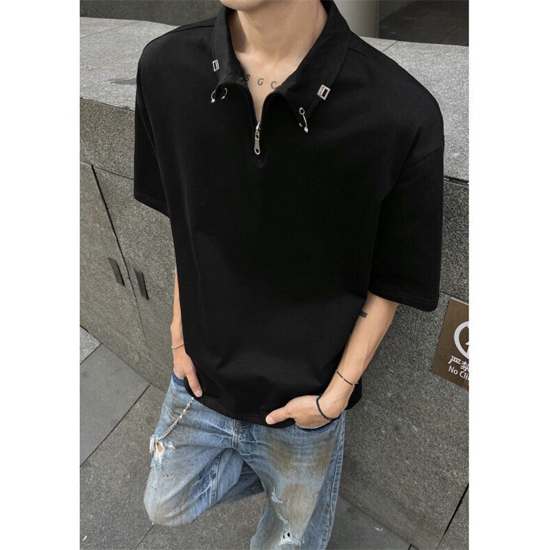 拉链POLO领V领金属配饰可拆卸不锈钢环扣短袖T恤T2506-P40控58,男装T恤,星座216(原A116)