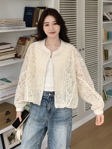 现货米杏色超好看时尚防晒蕾丝女2025早春新款韩版小个子别致上衣图片
