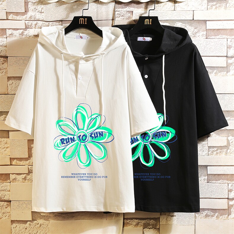 LD54170-P45 连帽短袖t恤男大码胖子带帽五分袖中袖 砖墙挂拍图片