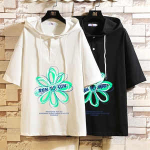 LD54170-P45 连帽短袖t恤男大码胖子带帽五分袖中袖 砖墙挂拍图片