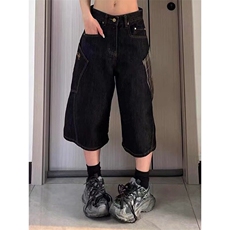 复古格纹拼接牛仔七分裤女夏季新款休闲百搭直筒中裤子LA3322-P49，男装牛仔裤，星座1008