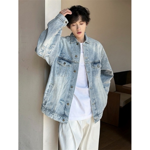 水洗美式休闲破洞牛仔做旧翻领夹克男女宽松牛仔外套 JK8643图片