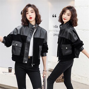 春季秋季短款显瘦muji风嘻哈风立领皮衣拼接女装春秋时尚休闲百搭，女装皮衣，缘衣格
