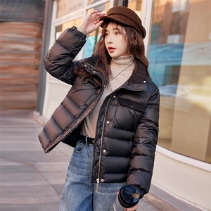 时尚黑色羽绒服女短款2023冬季新款小个子拼接立领白鸭绒保暖外套图片