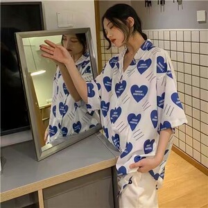 爱心印花短袖衬衫女复古bf港味宽松西装领设计感韩版衬衣女夏图片