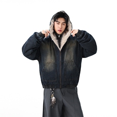 加绒牛仔棉服男冬季棉衣外套羊羔绒加厚毛领保暖外套MY1306-P168，男装棉衣，星座1103-3