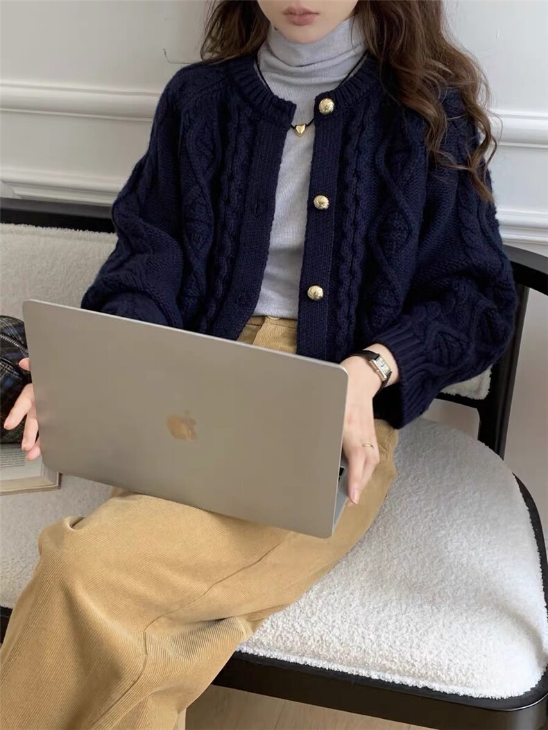 重磅加厚100%纯羊毛开衫女圆领菱形绞花短款外套宽松长袖毛衣外搭,针织衫/毛衣,思途羊绒