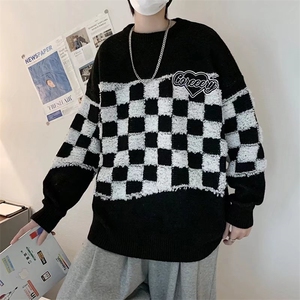 欧美hiphop炸街克莱因蓝棋盘格毛衣男宽松慵懒风针织衫M0835-p48图片