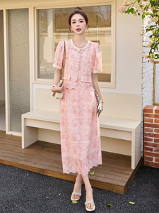 小香风刺绣蕾丝短袖套装裙女夏2025新款气质修身时尚半身裙两件套图片