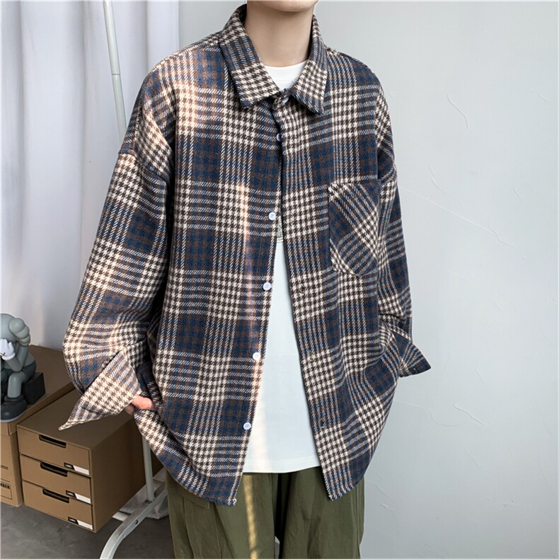 ins新品日系复古磨毛格子衬衫港风宽松休闲格纹长袖衬衣W554-P45,男装衬衫,星座512-2