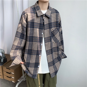 ins新品日系复古磨毛格子衬衫港风宽松休闲格纹长袖衬衣 W554-P45图片