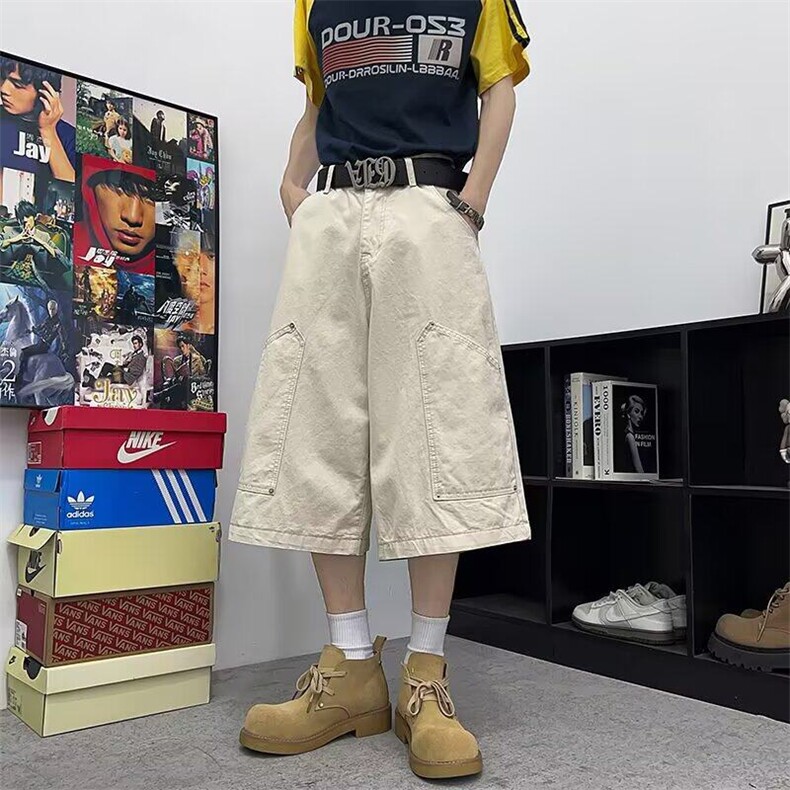 YC0351-P552025夏季铆钉七分工装裤男女情侣设计感阔腿裤牛仔裤,男装牛仔裤,电商C233