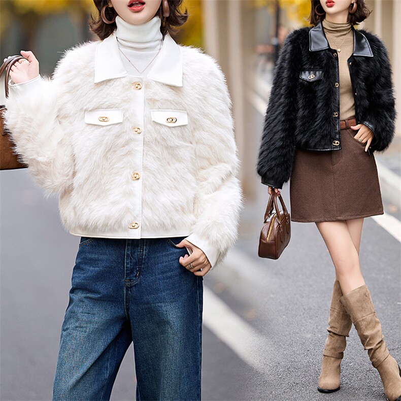仿狐狸毛环保皮草外套女冬季小香风翻领年轻款气质拼皮风高端上衣，女装皮草，跑量工厂店