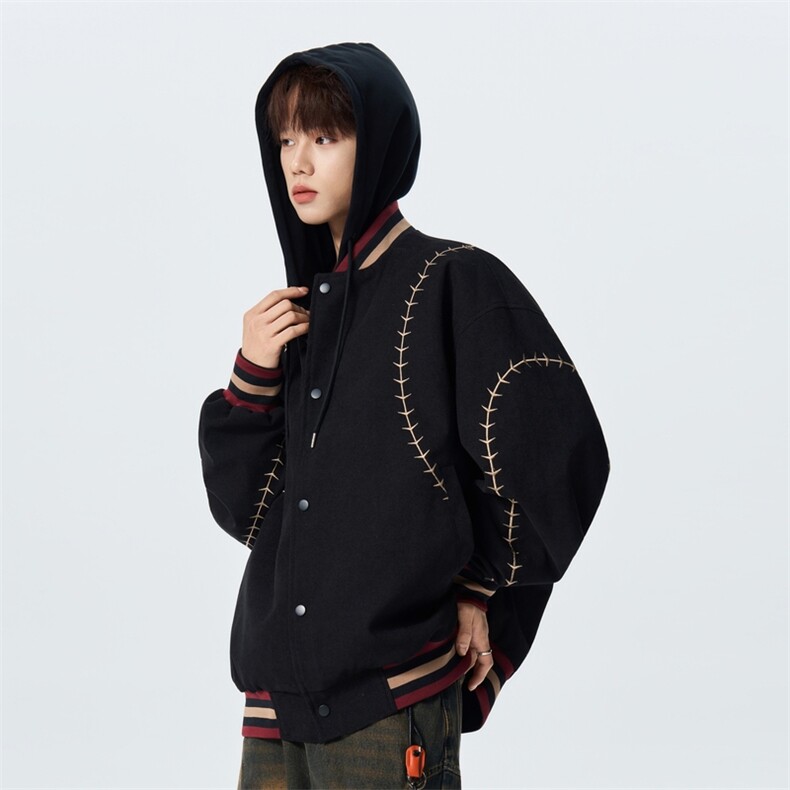 明线刺绣连帽棒球服春季宽松假两件潮流百搭外套XZ309JK8006P95,女装短外套,星座309（原A406）
