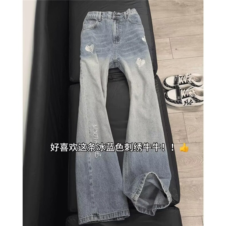 867-P48美式高街爱心字母刺绣牛仔裤男款高腰显瘦微喇裤子,男装牛仔裤,电商B323A