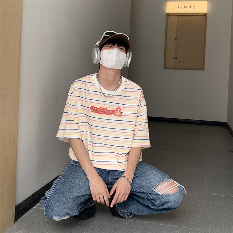特P35无差价新款夏季时尚条纹绣花潮流短袖T恤-UF3T2003港风,男装T恤,电商A003