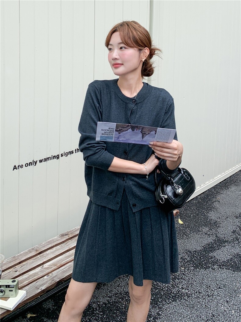 针织开衫+百褶背心连衣裙两件套装2C267-929-P120-K198,女装套装/套裙,茵姿媚