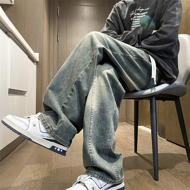 牛仔裤男复古潮牌做旧美式高街阔腿休闲长裤K760特批-40,男装休闲裤,星座718-1