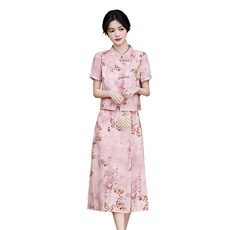 2024夏季新款新中式复古民族风短袖两件套优雅改良盘扣女装套装裙，女装套装/套裙，香莘料