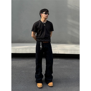 美式复古cleanfit黑色弯刀微喇牛仔裤男春秋显瘦直筒裤L80688-P28图片