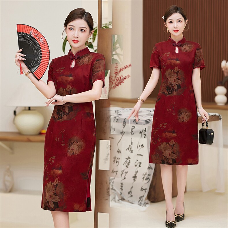 真丝花罗香云纱旗袍连衣裙2025夏季新款高端喜妈妈礼服桑蚕旗袍，女装汉服/婚纱/旗袍/礼服，小荷流