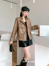 现货-抽绳短风衣款皮外套，女装风衣，依歌贝诺