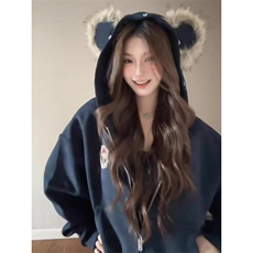 网图美式复古卡通熊耳朵毛领连帽卫衣男女休闲开衫拉链外套特P78，女装短外套，电商C306-1