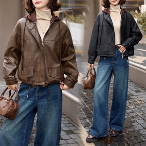 皮衣女款2024冬季加绒酷飒风洋气针织帽减龄穿搭时尚流行短款上衣,女装皮衣,跑量工厂店