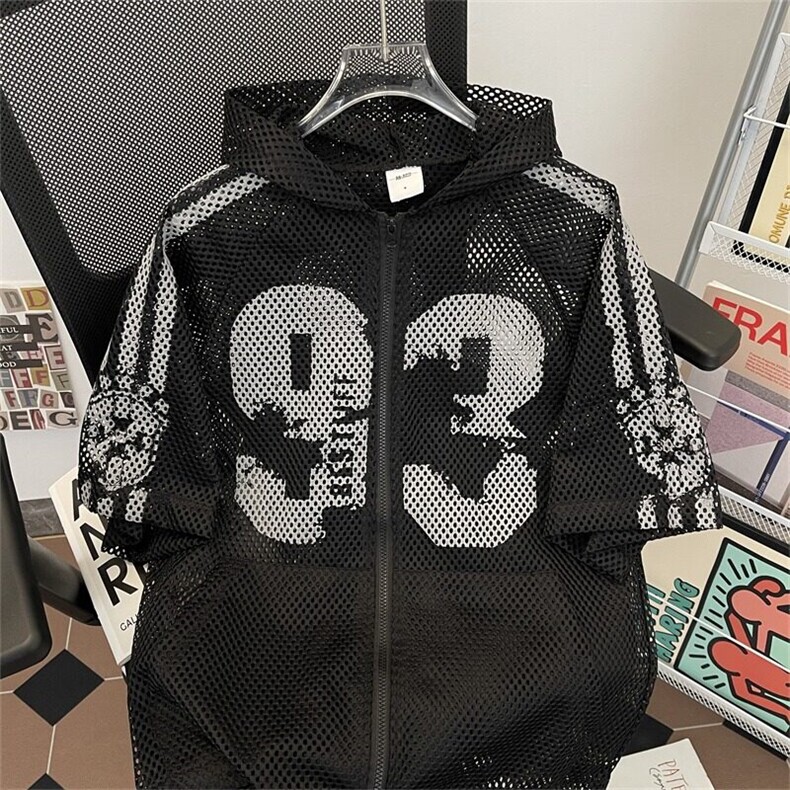 HY0521-P40美式复古镂空连帽球衣小众设计感夏季宽松短袖外套情侣,男装T恤,电商C233