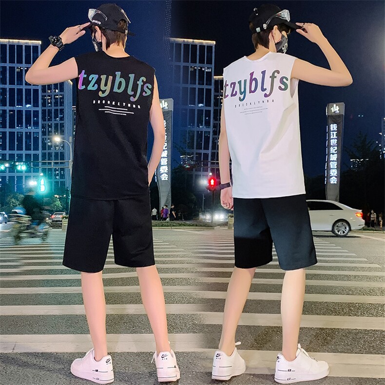 2021青少年新款男女情侣装薄款纯棉卡通宽松背心套装男 TZ260图片