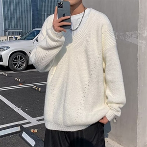 慵懒风V领套头针织衫男秋冬季复古纯色宽松休闲毛线衣 M7358图片